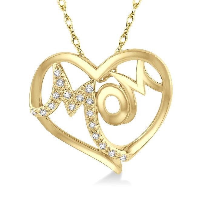 1/20 Ctw MOM Round Cut Diamond Heart Pendant With Chain in 10K Yellow Gold
