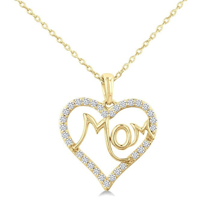 1/4 Ctw 'MOM' Heart Frame Round Cut Diamond Fashion Pendant With Chain in 10K Yellow Gold
