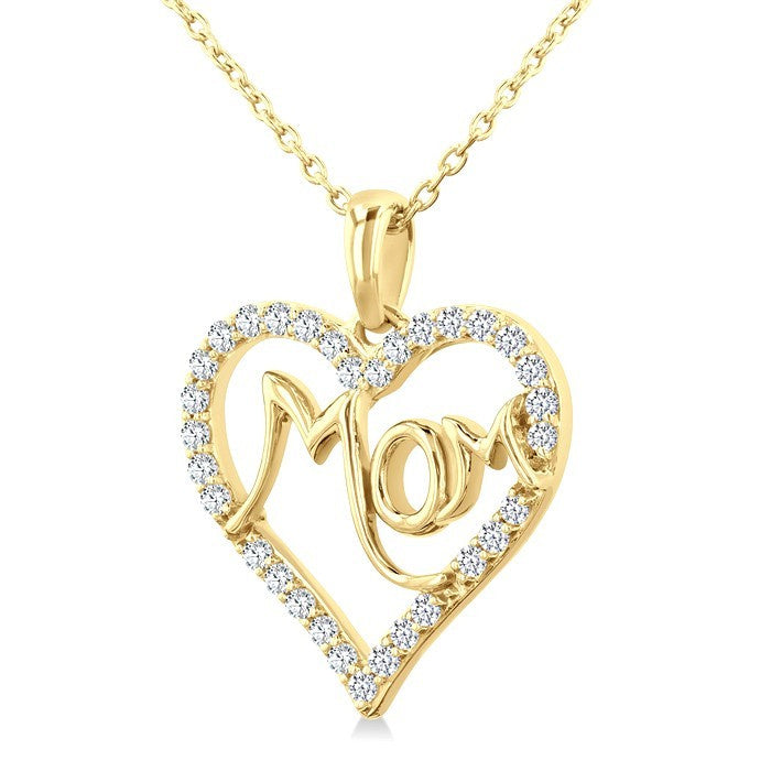 1/4 Ctw 'MOM' Heart Frame Round Cut Diamond Fashion Pendant With Chain in 10K Yellow Gold