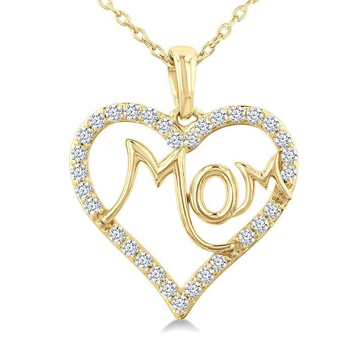 1/4 Ctw 'MOM' Heart Frame Round Cut Diamond Fashion Pendant With Chain in 10K Yellow Gold