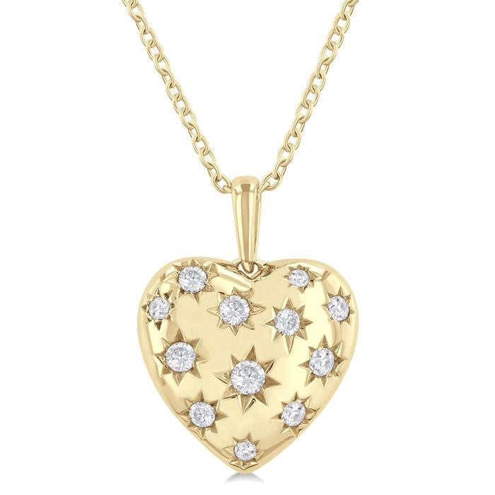 1/6 Ctw Bold Star Engraved Puffed Heart Round Cut Diamond Fashion Pendant With Chain in 10K Yellow Gold