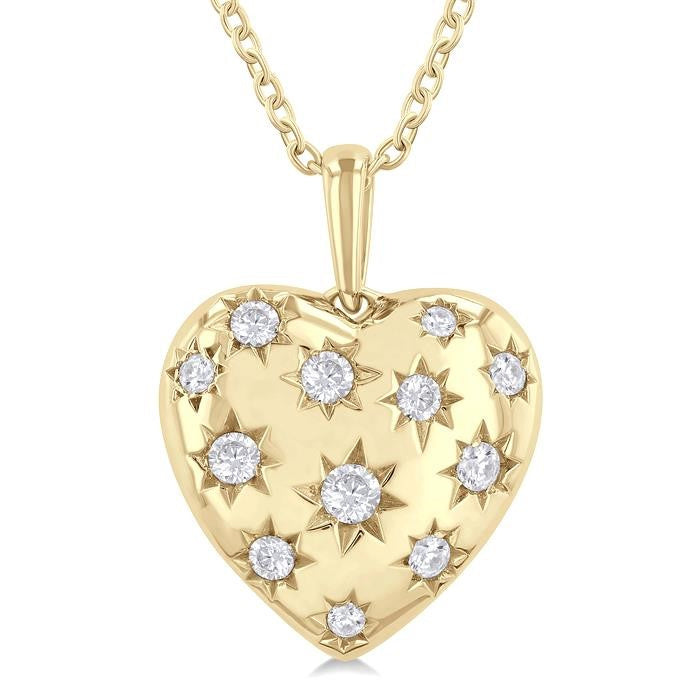 1/6 Ctw Bold Star Engraved Puffed Heart Round Cut Diamond Fashion Pendant With Chain in 10K Yellow Gold