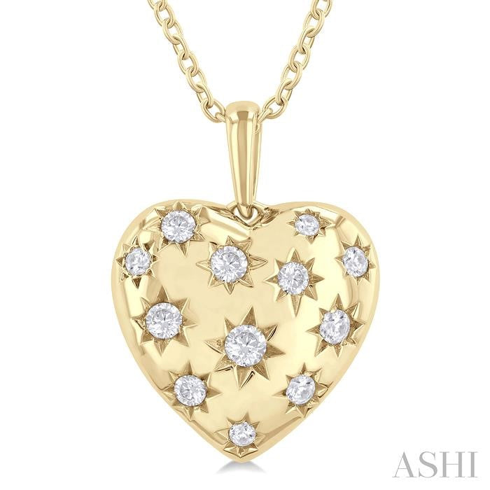 1/6 Ctw Bold Star Engraved Puffed Heart Round Cut Diamond Fashion Pendant With Chain in 10K Yellow Gold