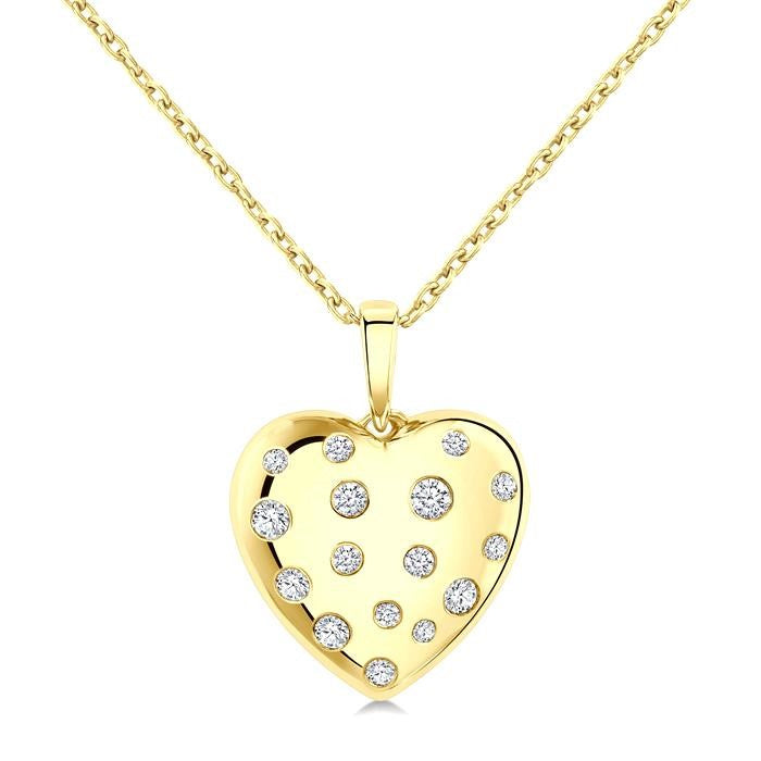 1/6 Ctw Bold Puffed Heart Round Cut Diamond Sprinkled Fashion Pendant With Chain in 10K Yellow Gold