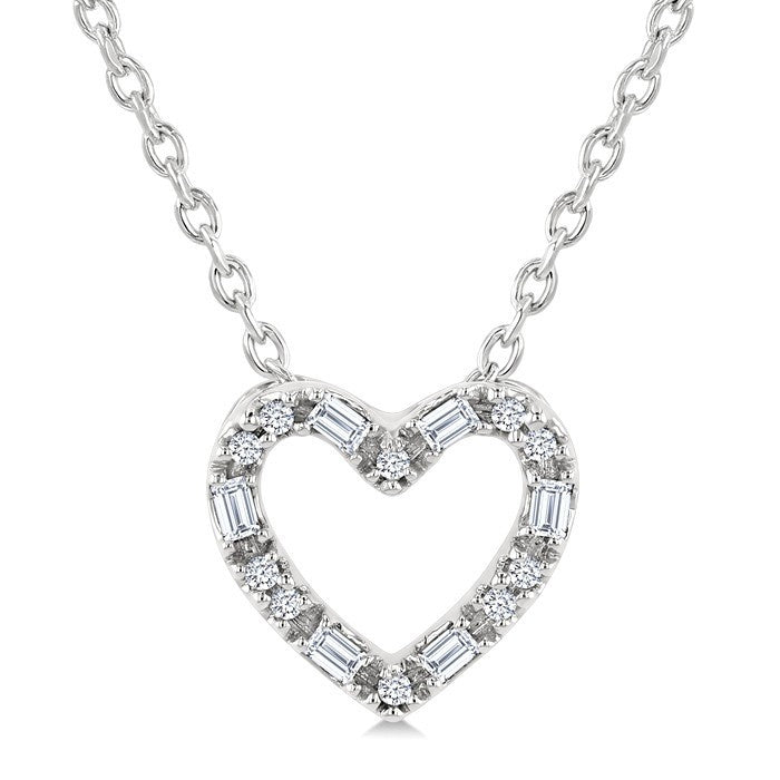 1/10 Ctw Baguette and Round Cut Diamond Heart Shape Fashion Pendant With Chain in 10K White Gold