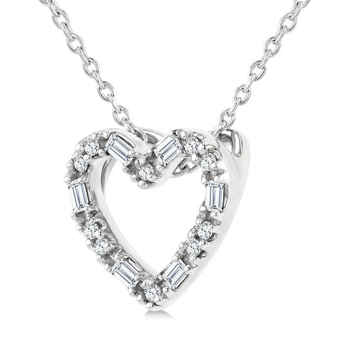 1/10 Ctw Baguette and Round Cut Diamond Heart Shape Fashion Pendant With Chain in 10K White Gold