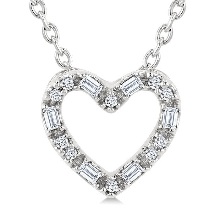 1/10 Ctw Baguette and Round Cut Diamond Heart Shape Fashion Pendant With Chain in 10K White Gold