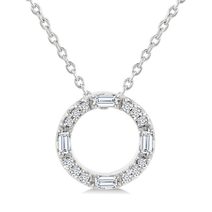 1/10 Ctw Baguette and Round Cut Diamond Circle Shape Fashion Pendant With Chain in 10K White Gold