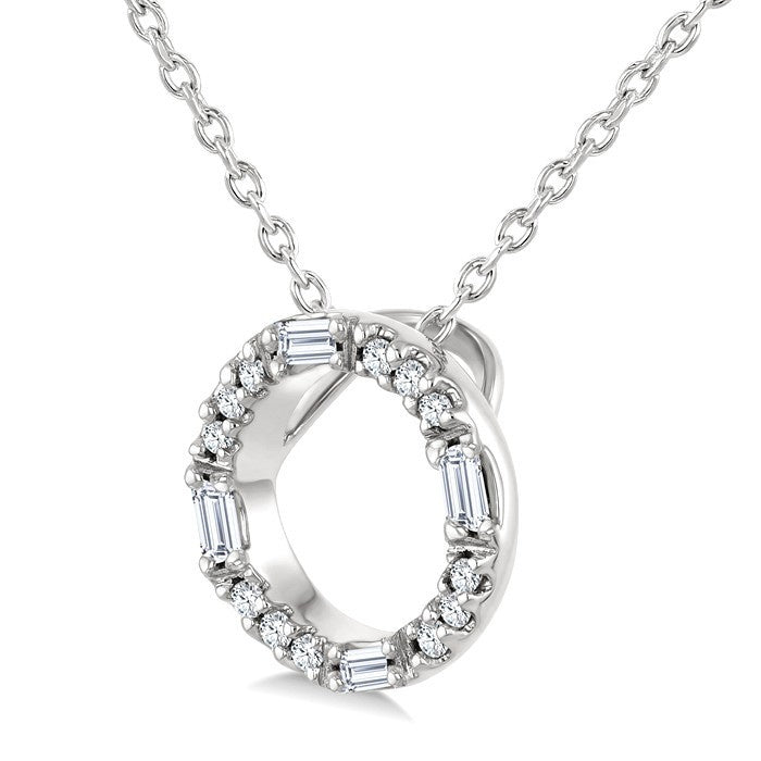 1/10 Ctw Baguette and Round Cut Diamond Circle Shape Fashion Pendant With Chain in 10K White Gold