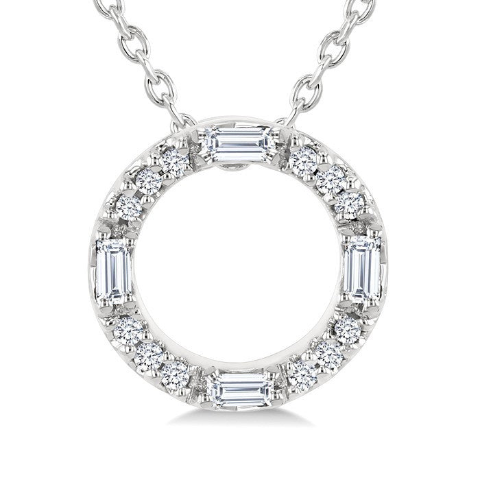 1/10 Ctw Baguette and Round Cut Diamond Circle Shape Fashion Pendant With Chain in 10K White Gold