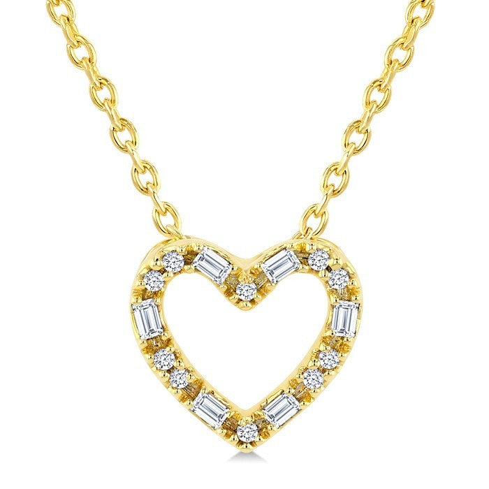 1/10 Ctw Baguette and Round Cut Diamond  Heart Shape Fashion Pendant With Chain in 10K Yellow Gold