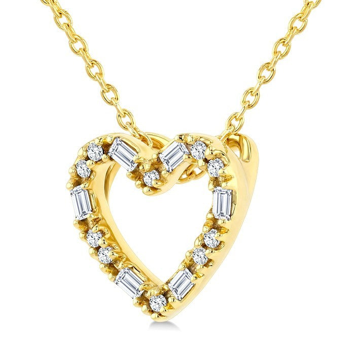 1/10 Ctw Baguette and Round Cut Diamond  Heart Shape Fashion Pendant With Chain in 10K Yellow Gold