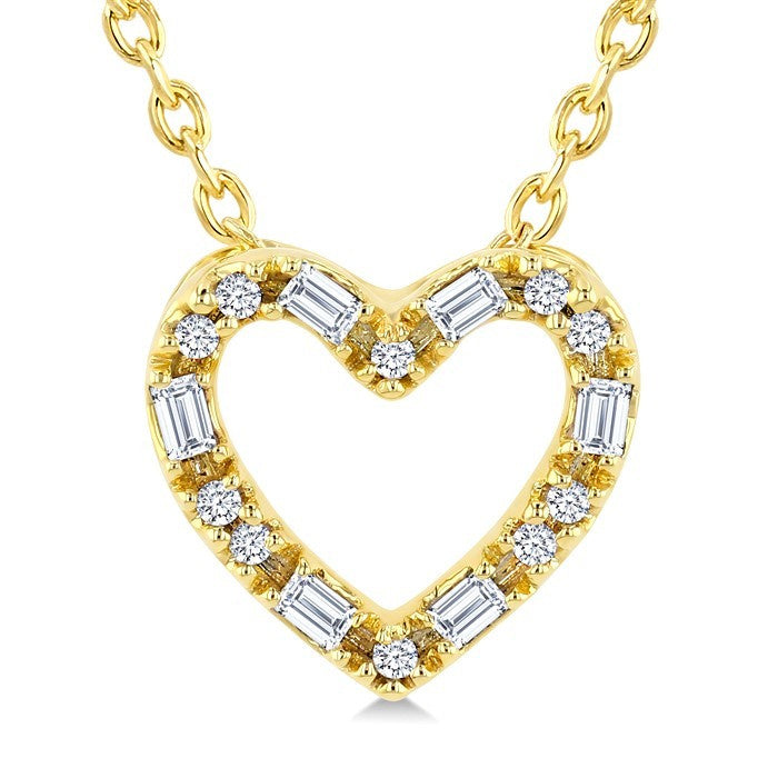 1/10 Ctw Baguette and Round Cut Diamond  Heart Shape Fashion Pendant With Chain in 10K Yellow Gold