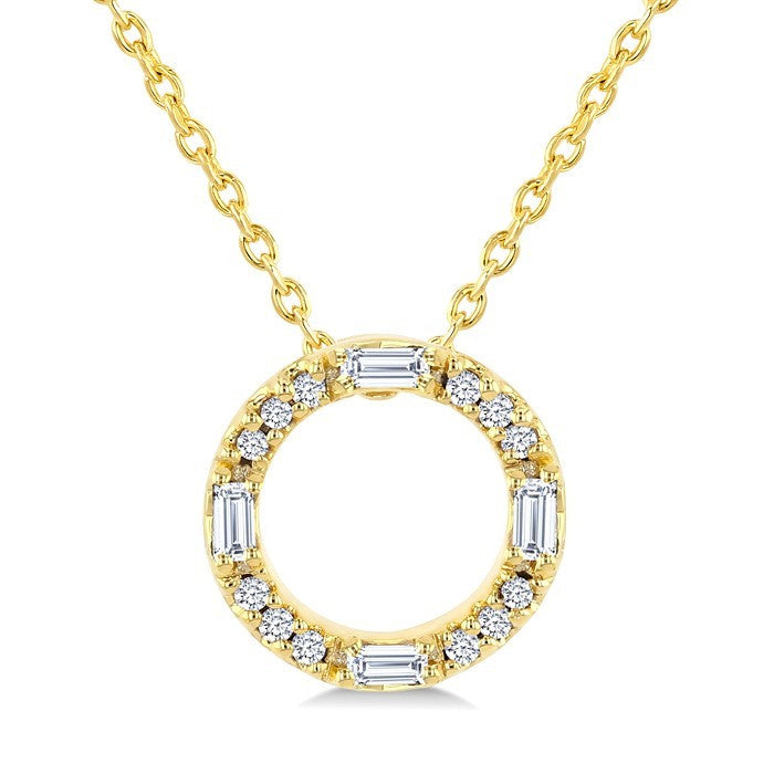 1/10 Ctw Baguette and Round Cut Diamond  Circle Shape Fashion Pendant With Chain in 10K Yellow Gold