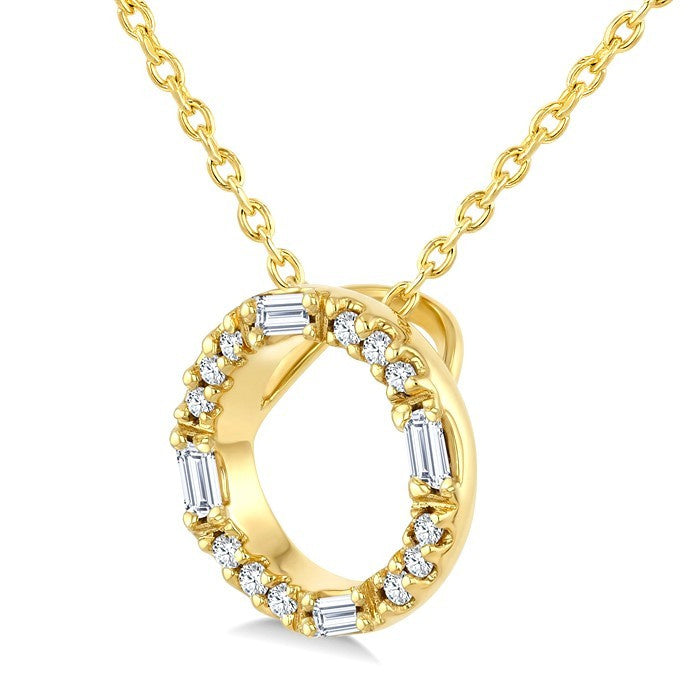 1/10 Ctw Baguette and Round Cut Diamond  Circle Shape Fashion Pendant With Chain in 10K Yellow Gold
