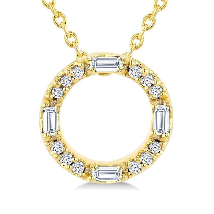 1/10 Ctw Baguette and Round Cut Diamond  Circle Shape Fashion Pendant With Chain in 10K Yellow Gold