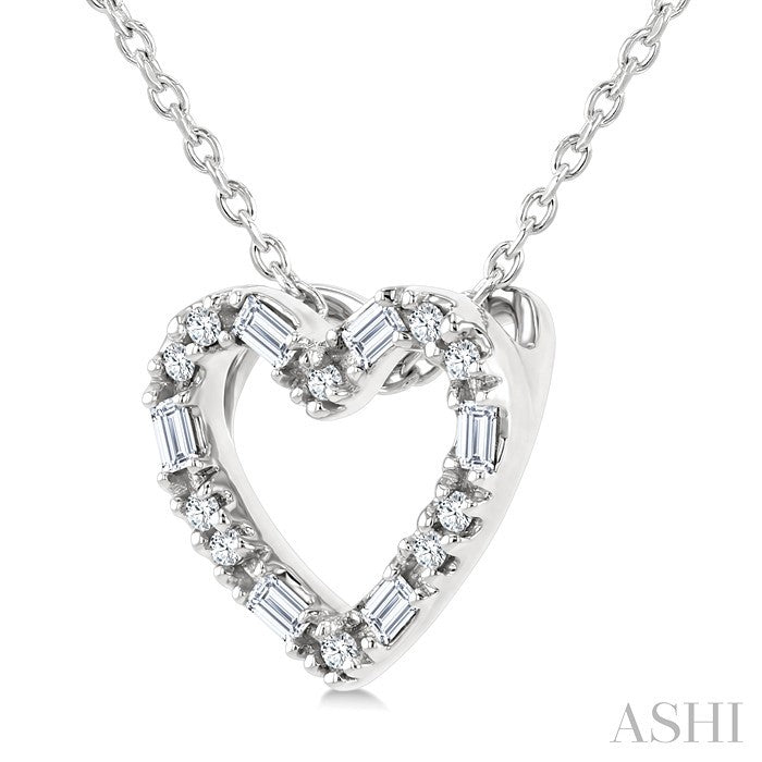 1/10 Ctw Baguette and Round Cut Diamond Heart Shape Fashion Pendant With Chain in 10K White Gold