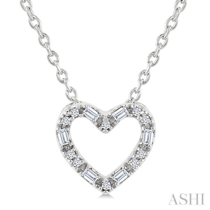 1/10 Ctw Baguette and Round Cut Diamond Heart Shape Fashion Pendant With Chain in 10K White Gold
