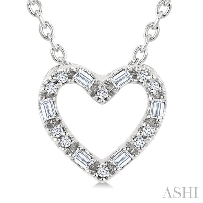 1/10 Ctw Baguette and Round Cut Diamond Heart Shape Fashion Pendant With Chain in 10K White Gold