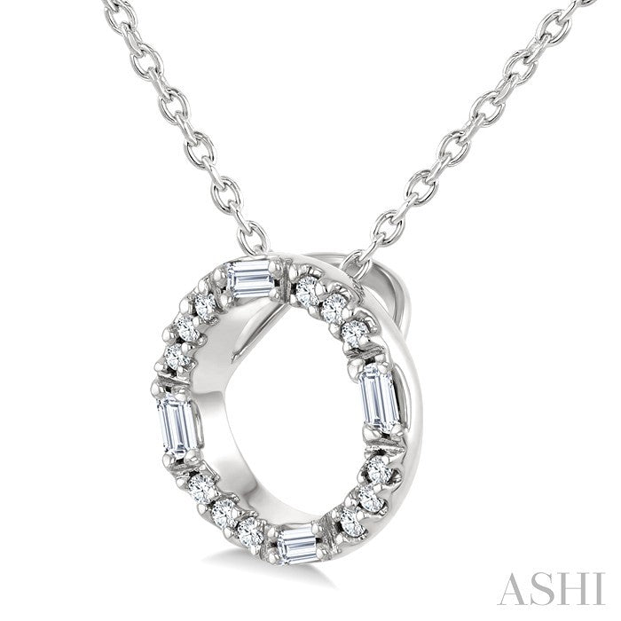 1/10 Ctw Baguette and Round Cut Diamond Circle Shape Fashion Pendant With Chain in 10K White Gold