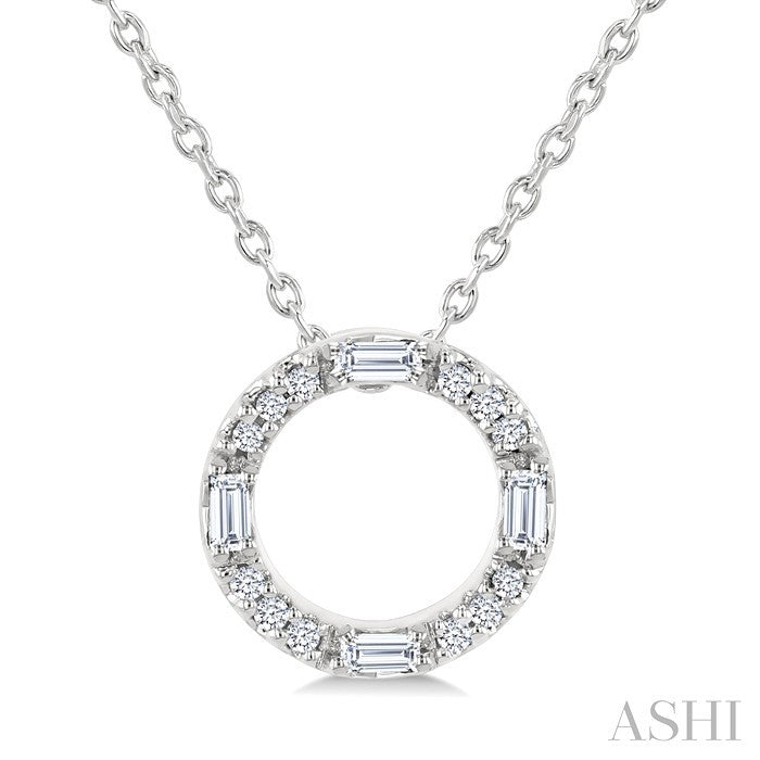 1/10 Ctw Baguette and Round Cut Diamond Circle Shape Fashion Pendant With Chain in 10K White Gold