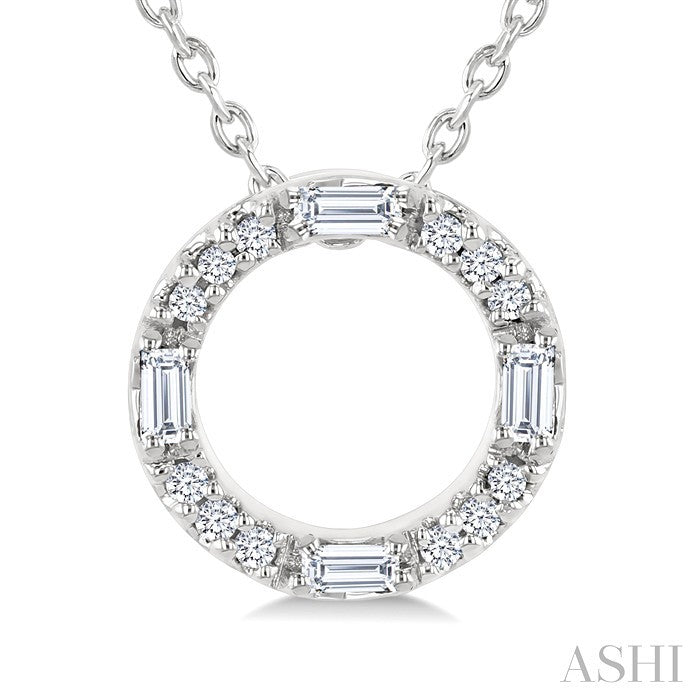 1/10 Ctw Baguette and Round Cut Diamond Circle Shape Fashion Pendant With Chain in 10K White Gold