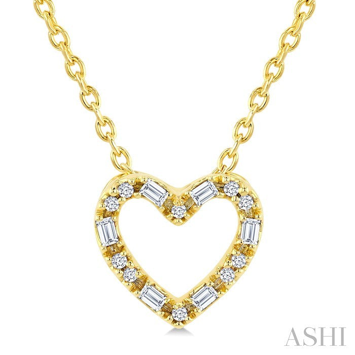 1/10 Ctw Baguette and Round Cut Diamond  Heart Shape Fashion Pendant With Chain in 10K Yellow Gold
