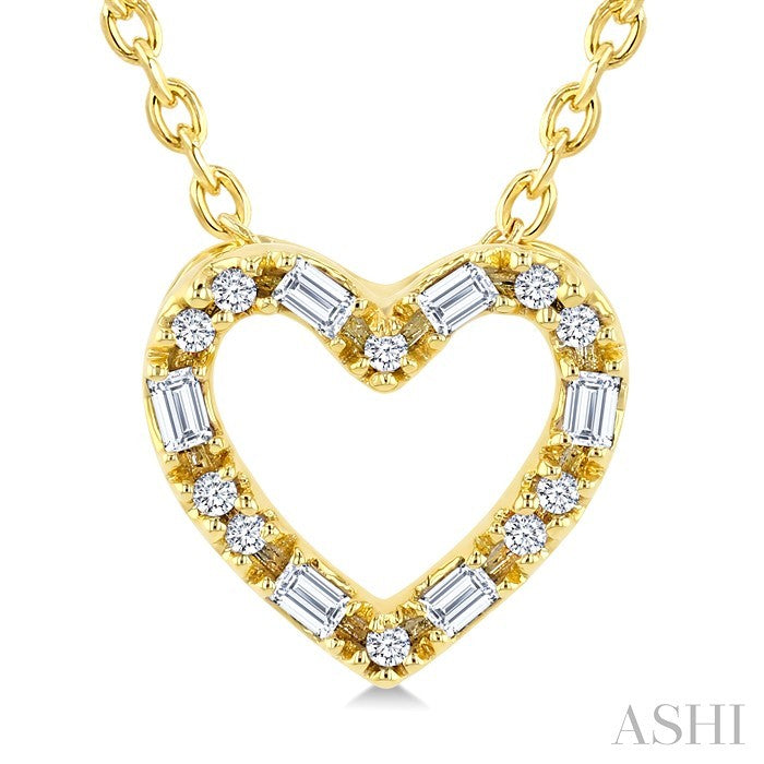 1/10 Ctw Baguette and Round Cut Diamond  Heart Shape Fashion Pendant With Chain in 10K Yellow Gold