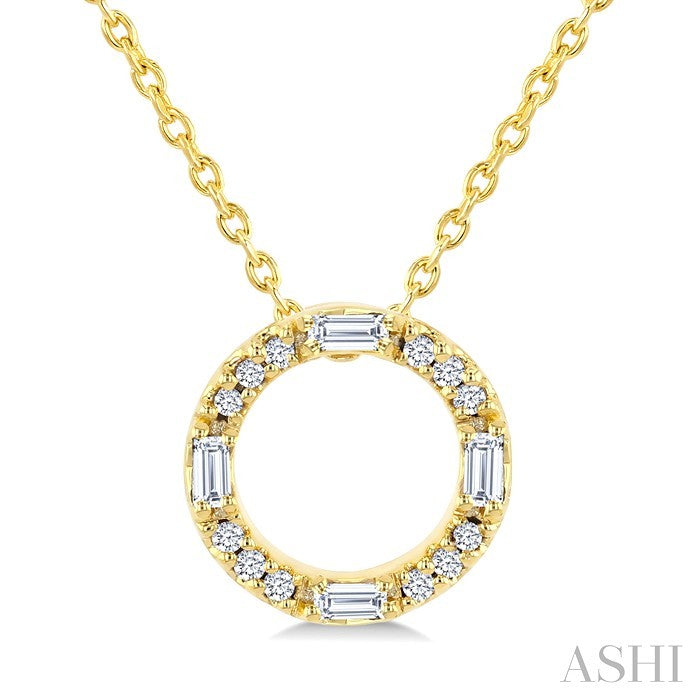 1/10 Ctw Baguette and Round Cut Diamond  Circle Shape Fashion Pendant With Chain in 10K Yellow Gold