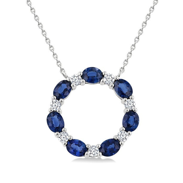 4x3 MM Oval Cut Sapphire and 1/4 Ctw Round Cut Diamond Circle Pendant With Chain in 14K White Gold
