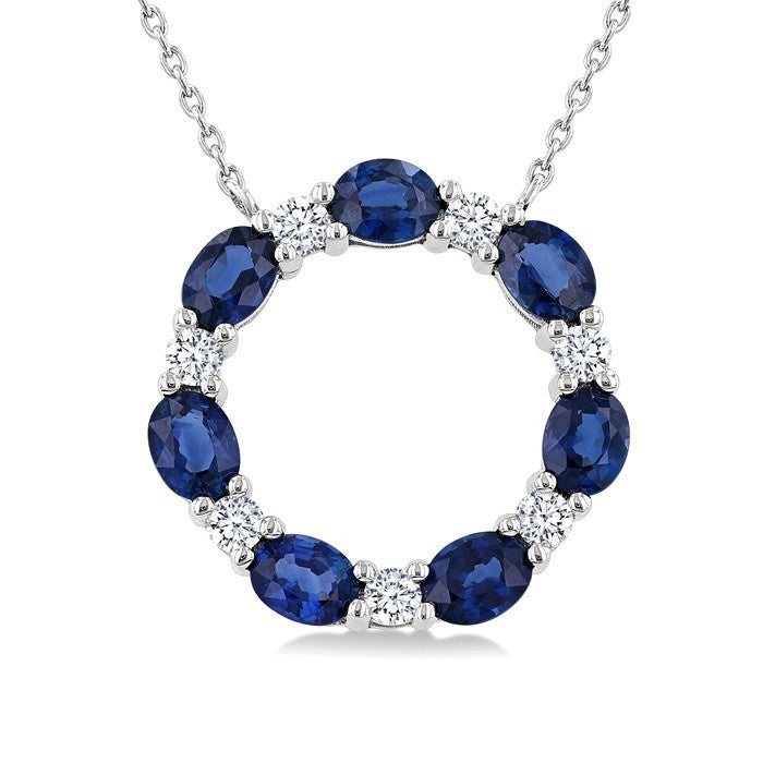 4x3 MM Oval Cut Sapphire and 1/4 Ctw Round Cut Diamond Circle Pendant With Chain in 14K White Gold
