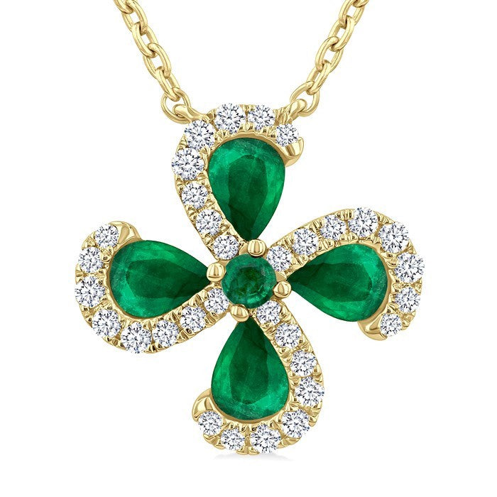 4x3 MM Pear Cut & 2 MM Round Cut Emerald and 1/6 Ctw Round Cut Diamond Floral Shape Pendant With Chain in 14K Yellow Gold