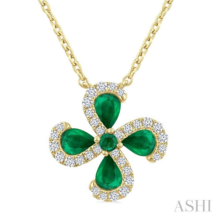 4x3 MM Pear Cut & 2 MM Round Cut Emerald and 1/6 Ctw Round Cut Diamond Floral Shape Pendant With Chain in 14K Yellow Gold