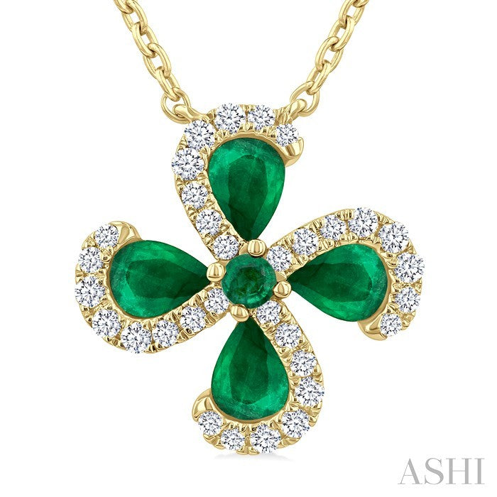 4x3 MM Pear Cut & 2 MM Round Cut Emerald and 1/6 Ctw Round Cut Diamond Floral Shape Pendant With Chain in 14K Yellow Gold