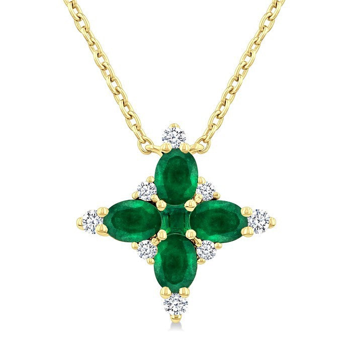 4x3 MM Oval Cut & 2 MM Princess Cut Emerald and 1/10 Ctw Round Cut Diamond Floral Design Pendant With Chain in 14K Yellow Gold