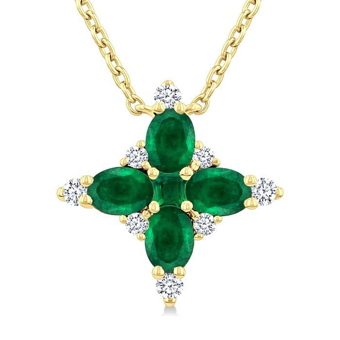 4x3 MM Oval Cut & 2 MM Princess Cut Emerald and 1/10 Ctw Round Cut Diamond Floral Design Pendant With Chain in 14K Yellow Gold