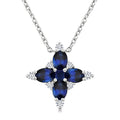 4x3 MM Oval Cut & 2 MM Princess Cut Sapphire and 1/10 Ctw Round Cut Diamond Floral Design Pendant With Chain in 14K White Gold