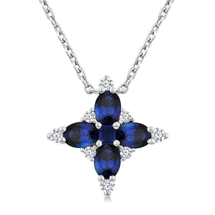 4x3 MM Oval Cut & 2 MM Princess Cut Sapphire and 1/10 Ctw Round Cut Diamond Floral Design Pendant With Chain in 14K White Gold