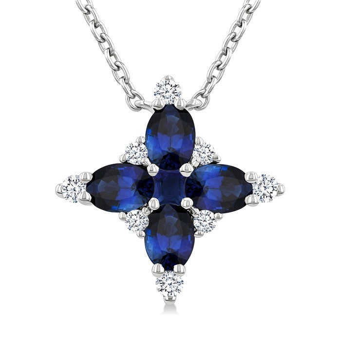 4x3 MM Oval Cut & 2 MM Princess Cut Sapphire and 1/10 Ctw Round Cut Diamond Floral Design Pendant With Chain in 14K White Gold