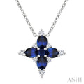 4x3 MM Oval Cut & 2 MM Princess Cut Sapphire and 1/10 Ctw Round Cut Diamond Floral Design Pendant With Chain in 14K White Gold
