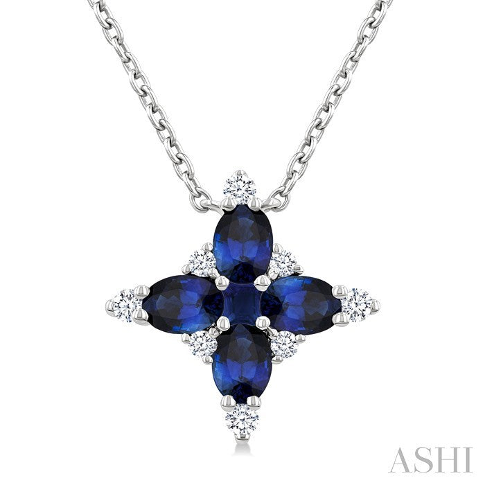 4x3 MM Oval Cut & 2 MM Princess Cut Sapphire and 1/10 Ctw Round Cut Diamond Floral Design Pendant With Chain in 14K White Gold
