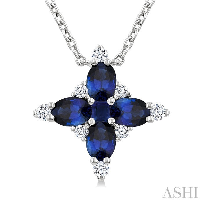 4x3 MM Oval Cut & 2 MM Princess Cut Sapphire and 1/10 Ctw Round Cut Diamond Floral Design Pendant With Chain in 14K White Gold
