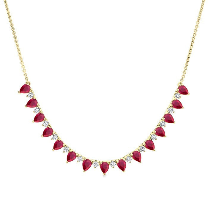 4x3 MM Pear Shape Ruby and 1/2 Ctw Round Cut Diamond Precious Tennis Necklace in 14K Yellow Gold