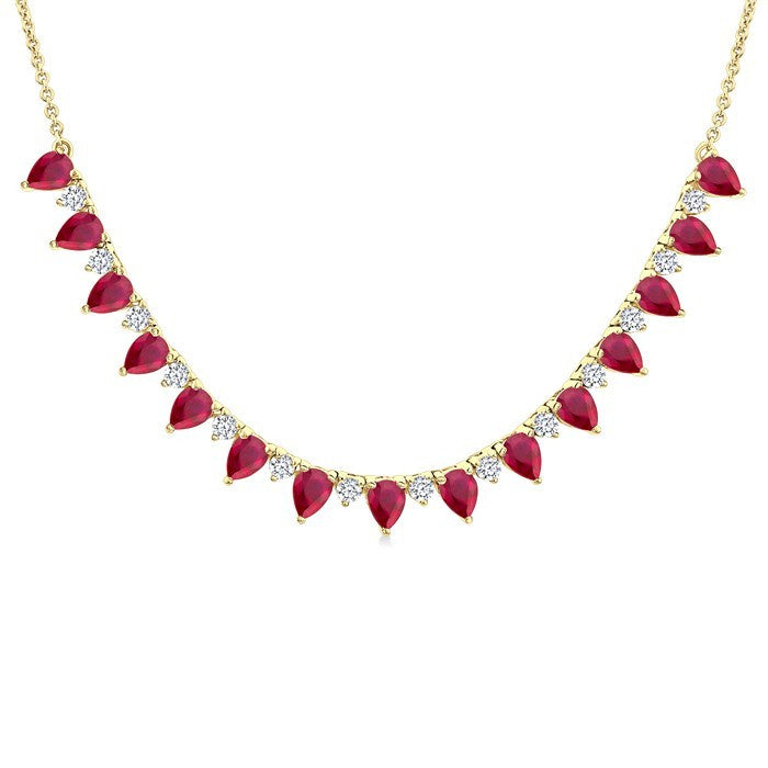 4x3 MM Pear Shape Ruby and 1/2 Ctw Round Cut Diamond Precious Tennis Necklace in 14K Yellow Gold