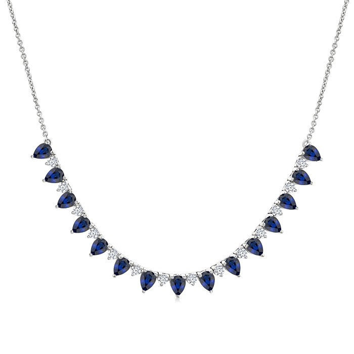 4x3 MM Pear Shape Sapphire and 1/2 Ctw Round Cut Diamond Precious Tennis Necklace in 14K White Gold