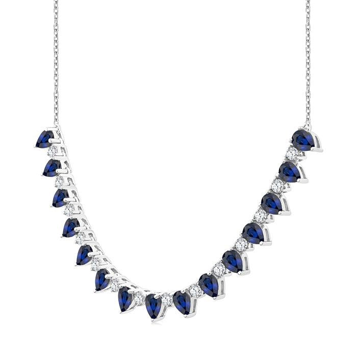 4x3 MM Pear Shape Sapphire and 1/2 Ctw Round Cut Diamond Precious Tennis Necklace in 14K White Gold