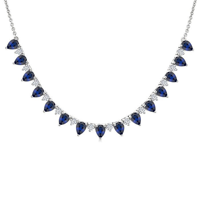 4x3 MM Pear Shape Sapphire and 1/2 Ctw Round Cut Diamond Precious Tennis Necklace in 14K White Gold