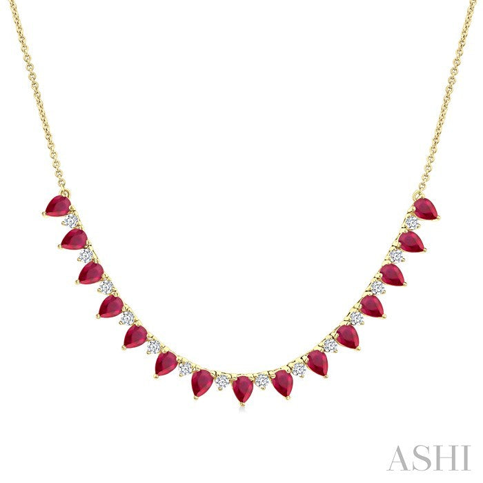 4x3 MM Pear Shape Ruby and 1/2 Ctw Round Cut Diamond Precious Tennis Necklace in 14K Yellow Gold