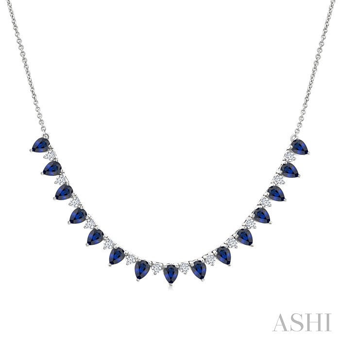 4x3 MM Pear Shape Sapphire and 1/2 Ctw Round Cut Diamond Precious Tennis Necklace in 14K White Gold