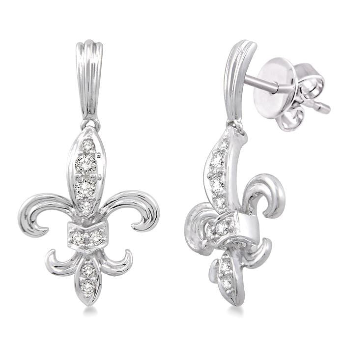 1/4 Ctw Round Cut Diamond Fleur De Lis Earrings in 14K White Gold